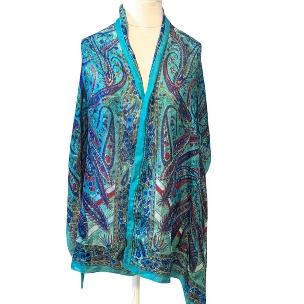 Vintage Silk Scarf‎ Paisley MCM Indian Long Wrap Headband Boho Feathers Festival